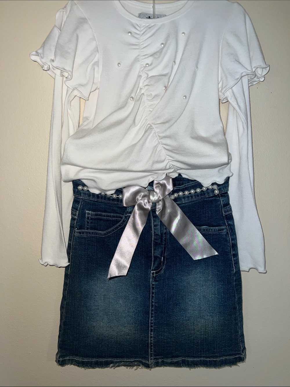 Vintage White Pearl-Embellished Top with Long Belled Sleeves and Jean Skirt
